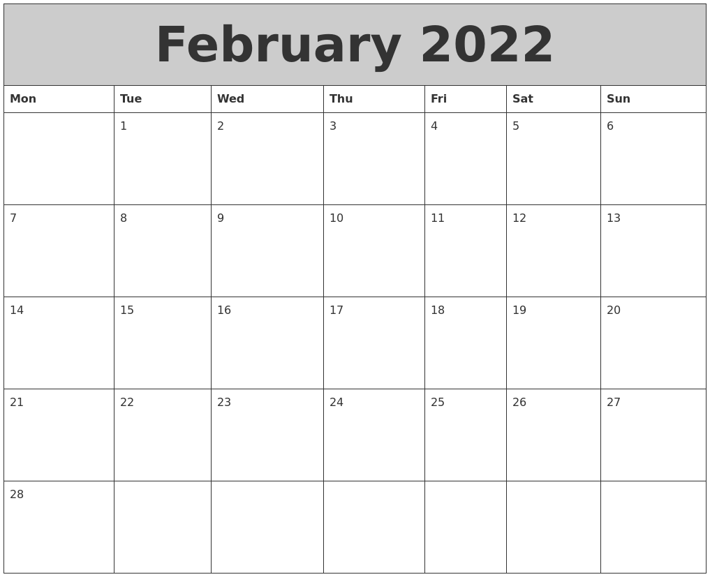 February 2022 My Calendar