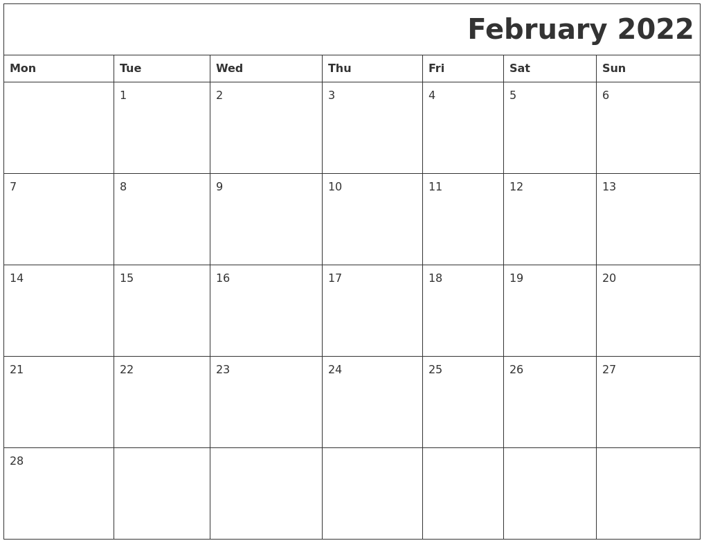 February 2022 Printable Calender