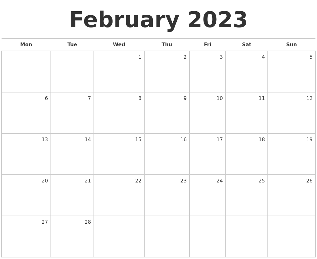 February 2023 Blank Monthly Calendar