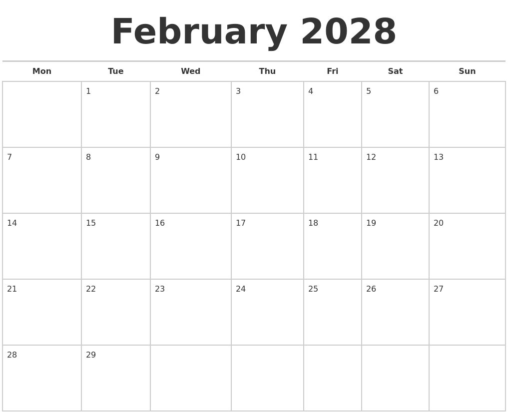 February 2028 Calendars Free