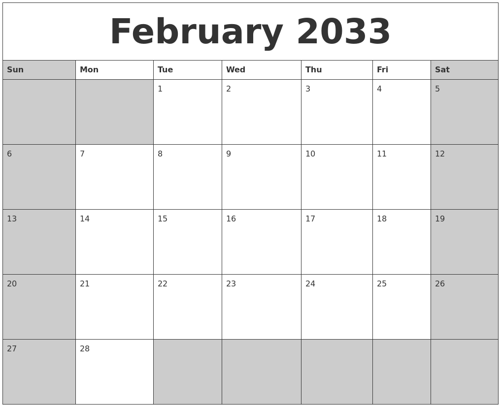 February 2033 Calanders