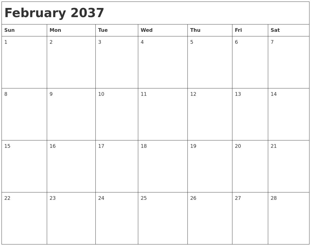 February 2037 Month Calendar
