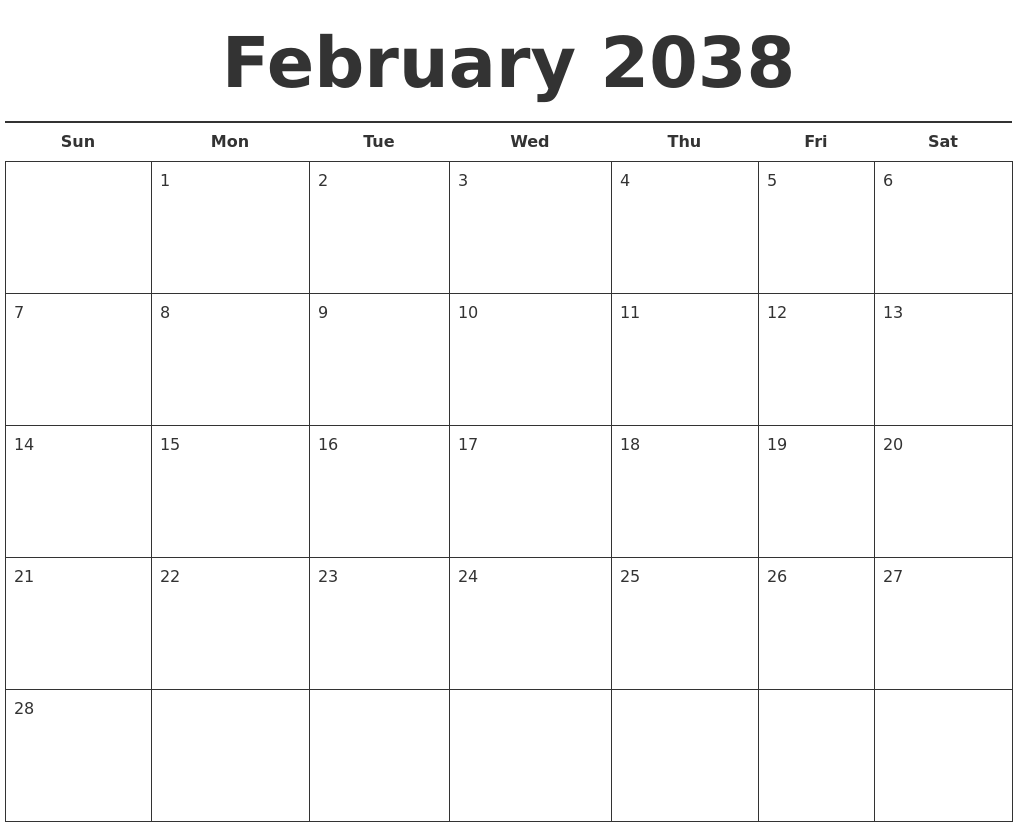 February 2038 Free Calendar Template