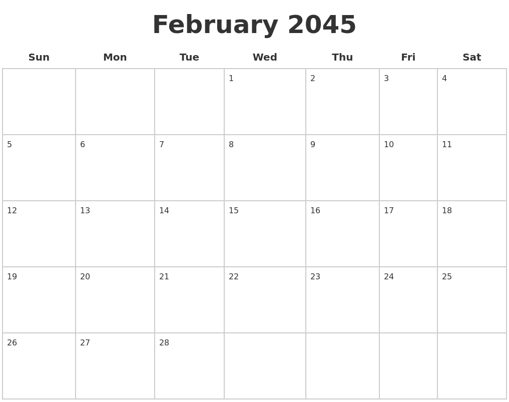 February 2045 Blank Calendar Pages
