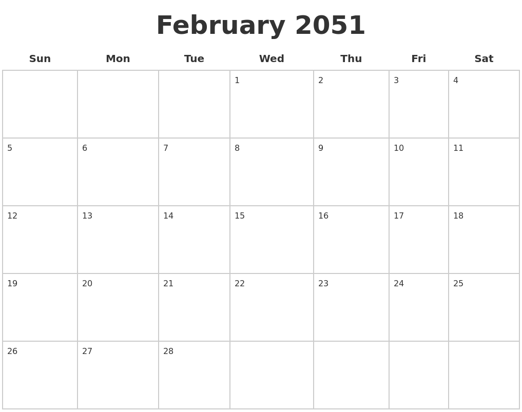February 2051 Blank Calendar Pages