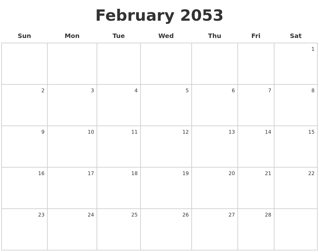 February 2053 Make A Calendar