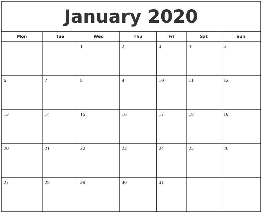 January 2020 Printable Calendar - January 2020 Printable Calendar Monday Start 