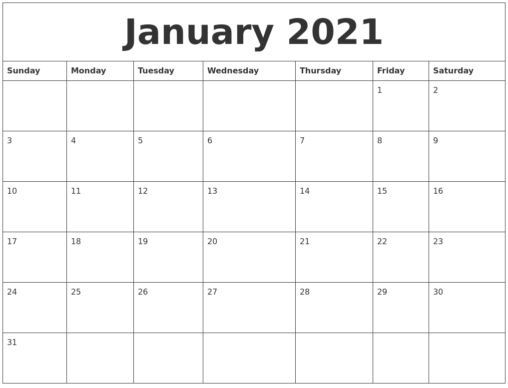 January 2021 Printable Calendar Pdf
