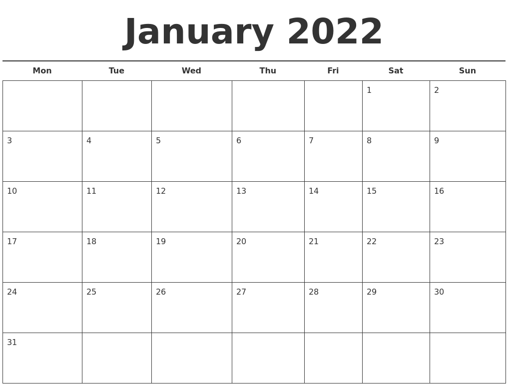 January 2022 free calendar template