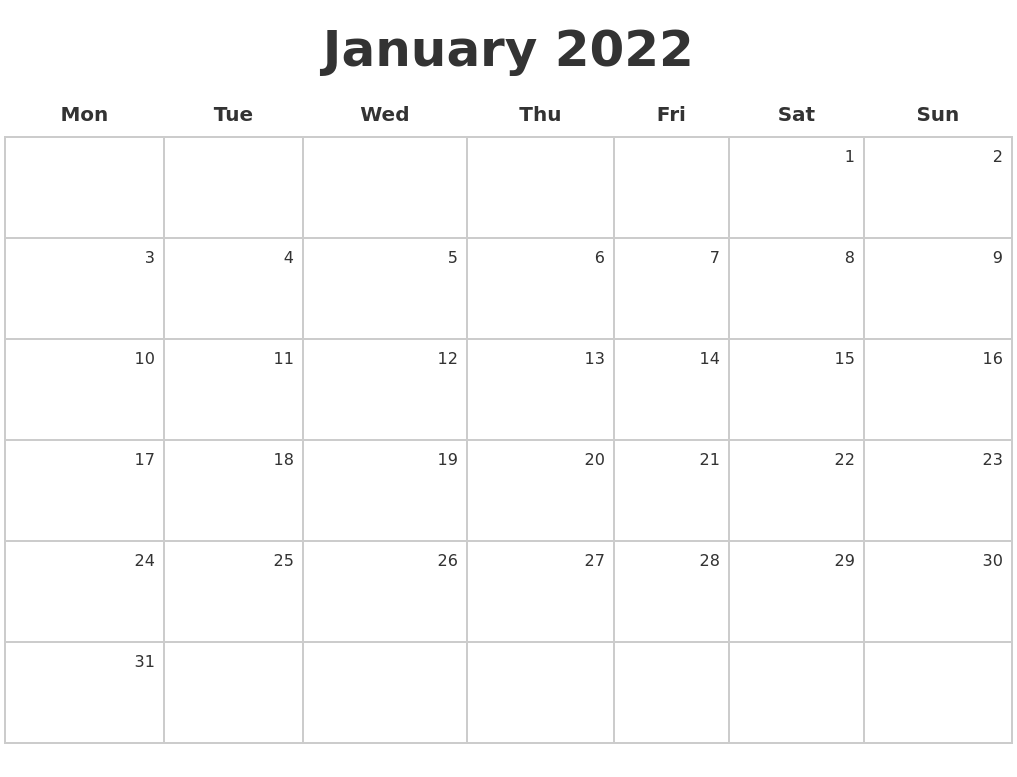 January 2022 Make A Calendar