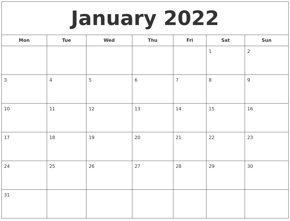 January 2022 Printable Calendar