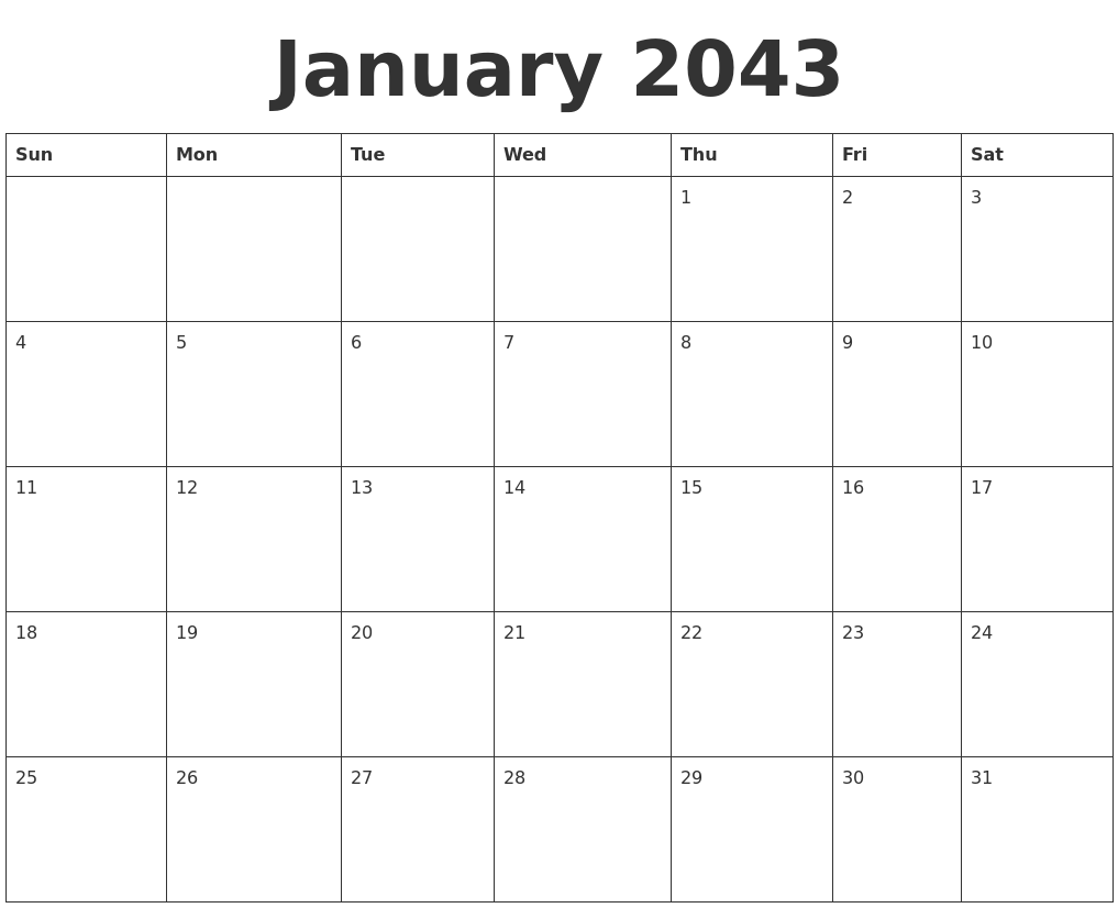 January 2043 Blank Calendar Template