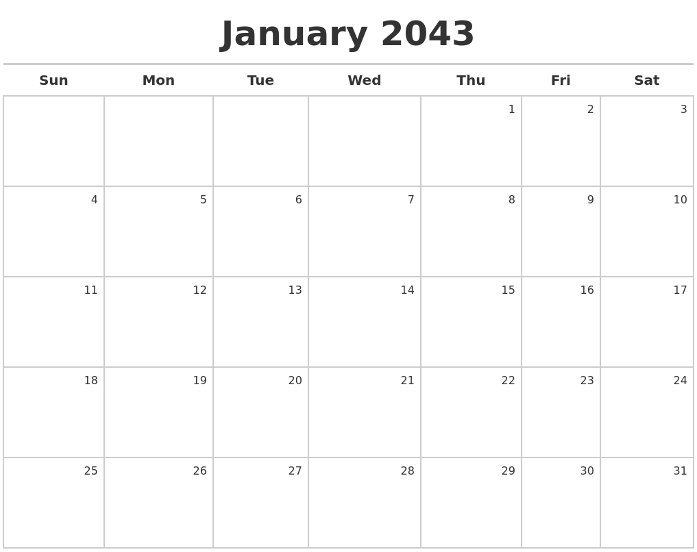 January 2043 Calendar Maker