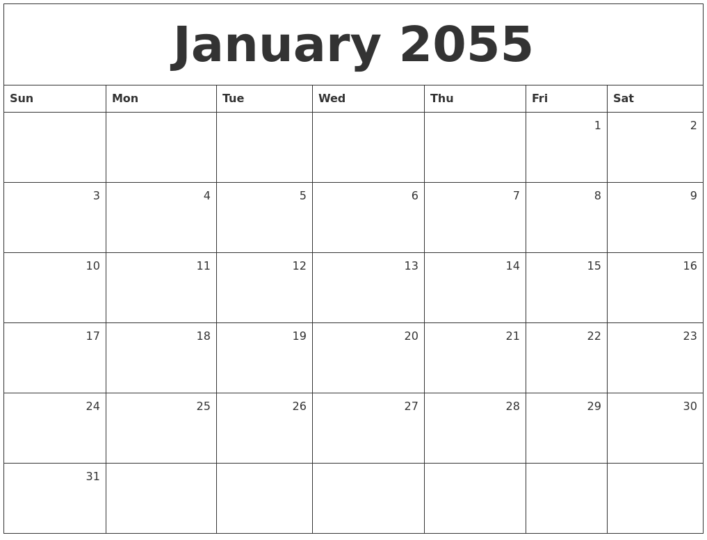 January 2055 Monthly Calendar