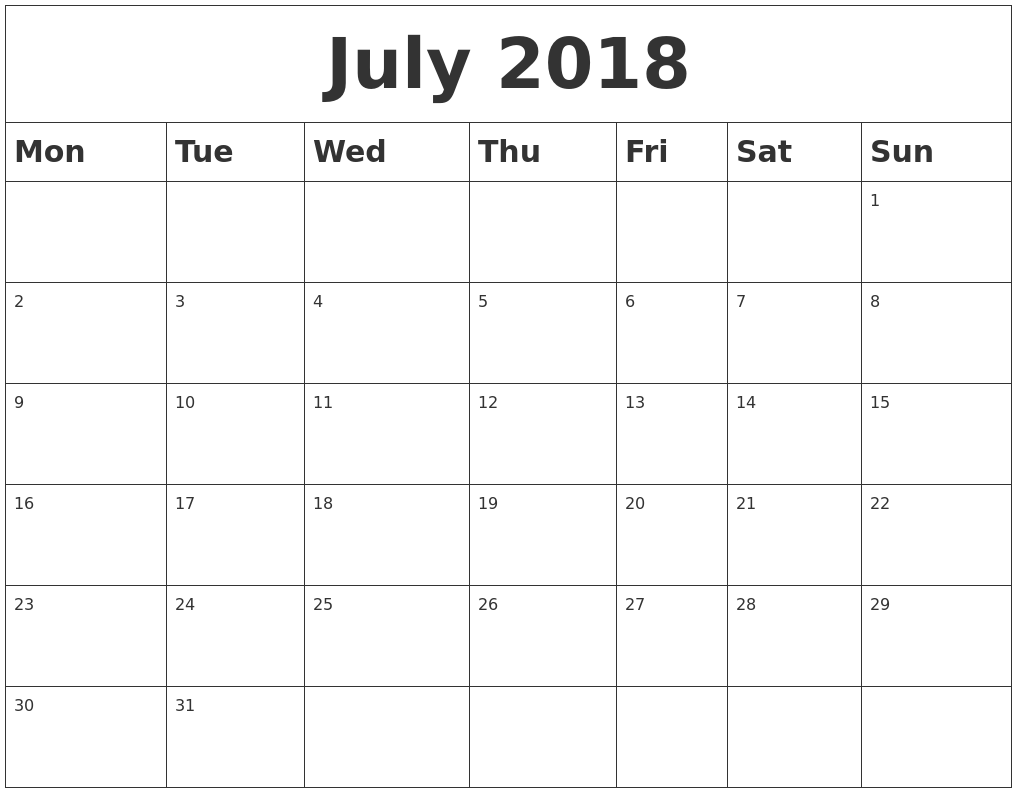 July 2018 blank calendar