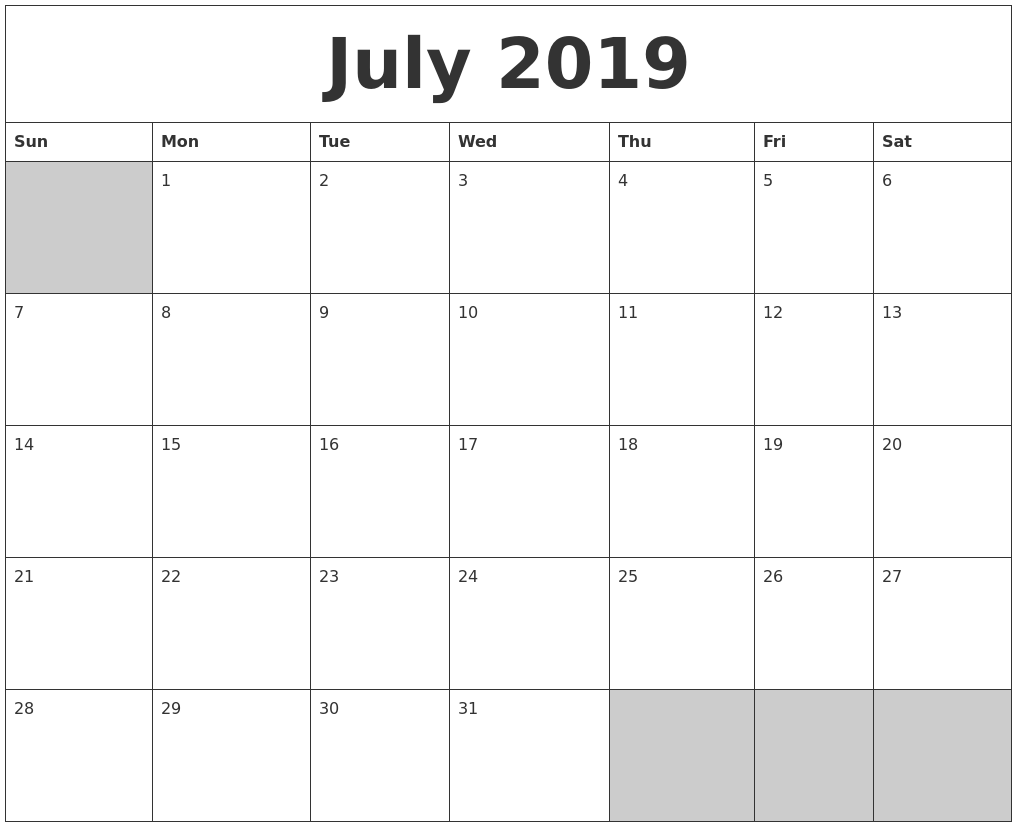 Year Calendar July 2019