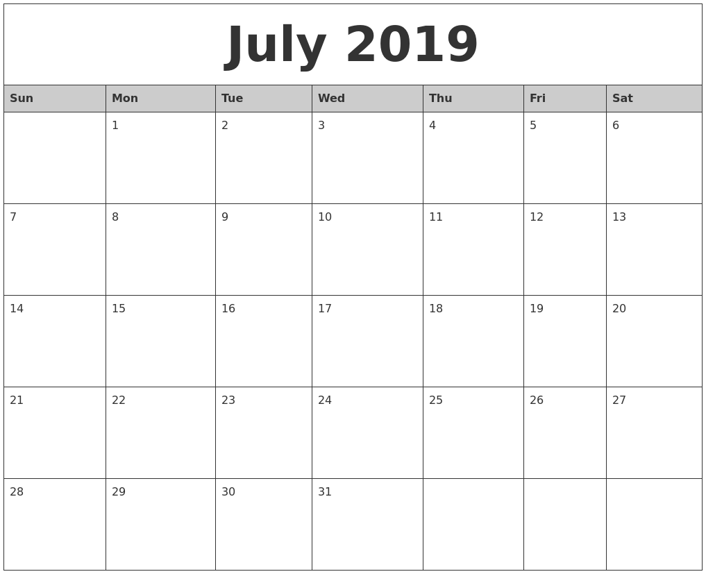 July 2019 monthly calendar printable