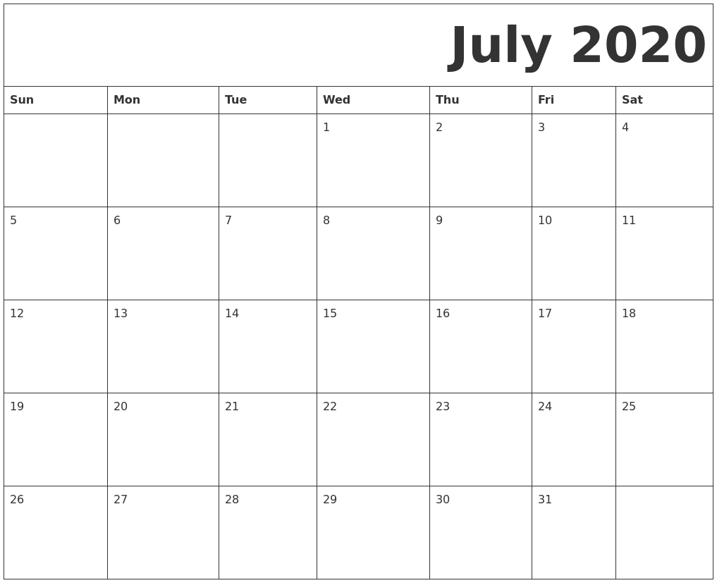 July 2020 free printable calendar