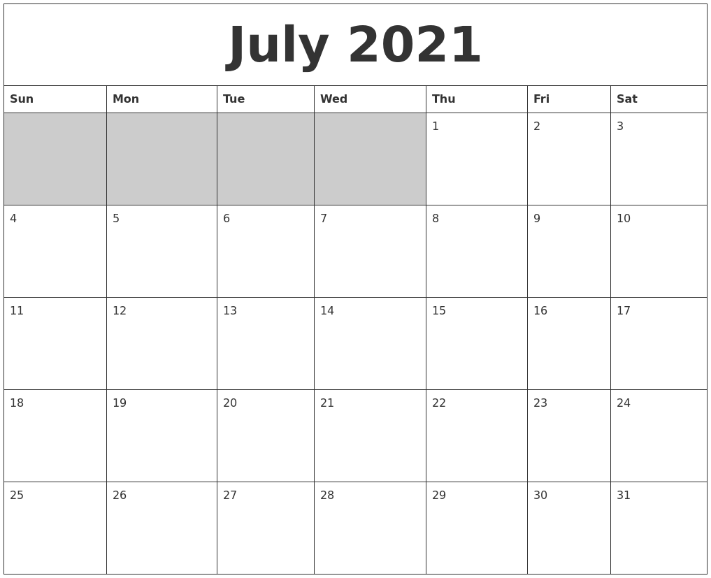 July 2021 Blank Printable Calendar