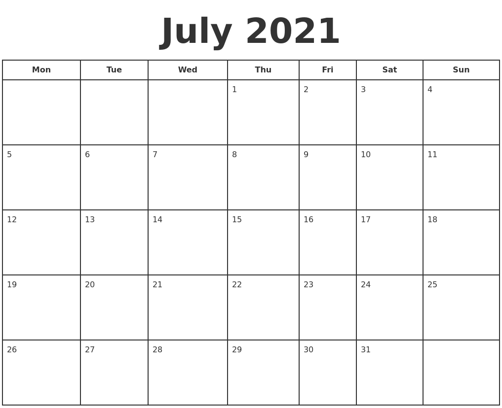 Print Calendar July 2021