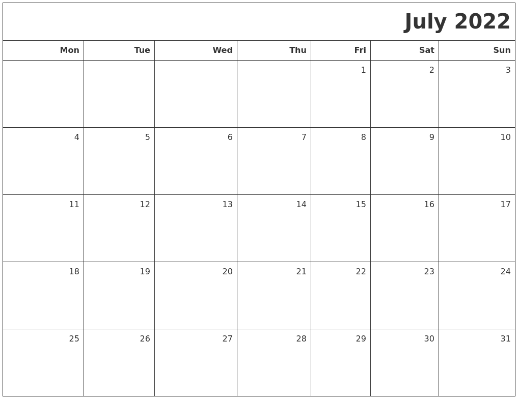 July 2022 printable blank calendar
