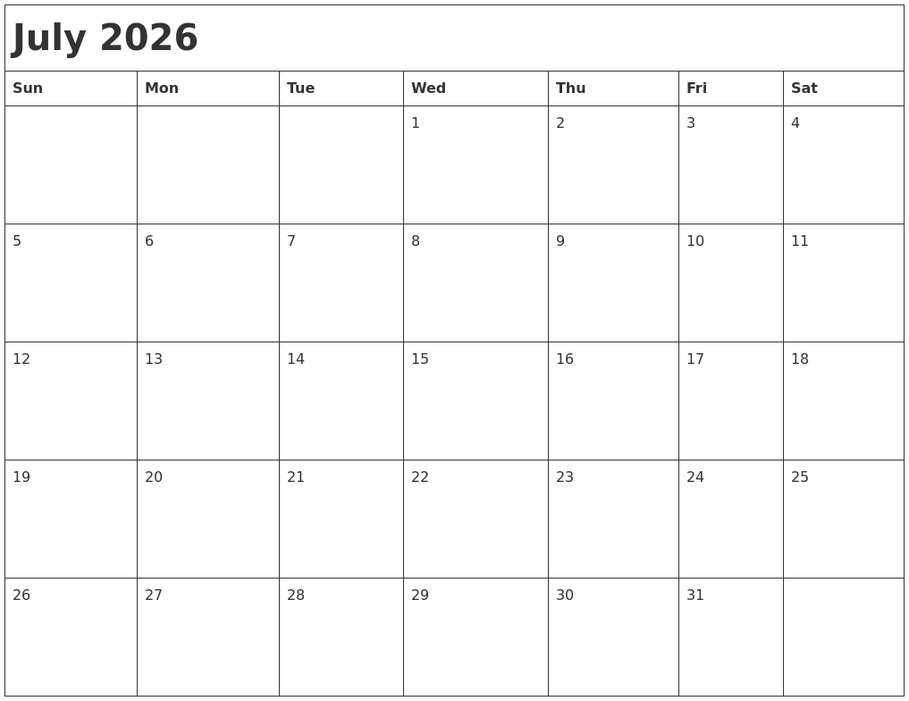 July 2026 Month Calendar