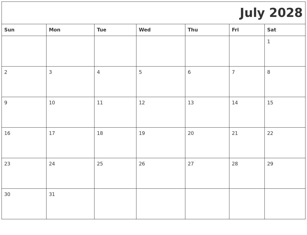 July 2028 Printable Calender