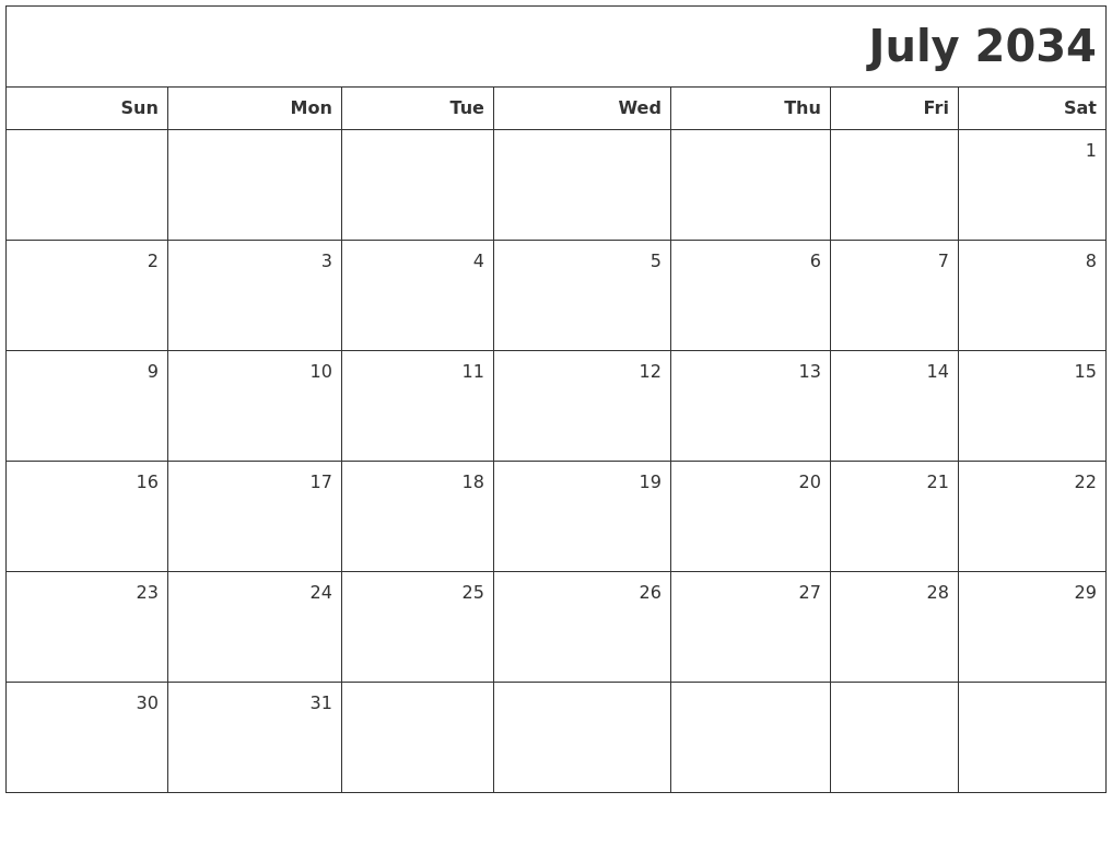 July 2034 Printable Blank Calendar