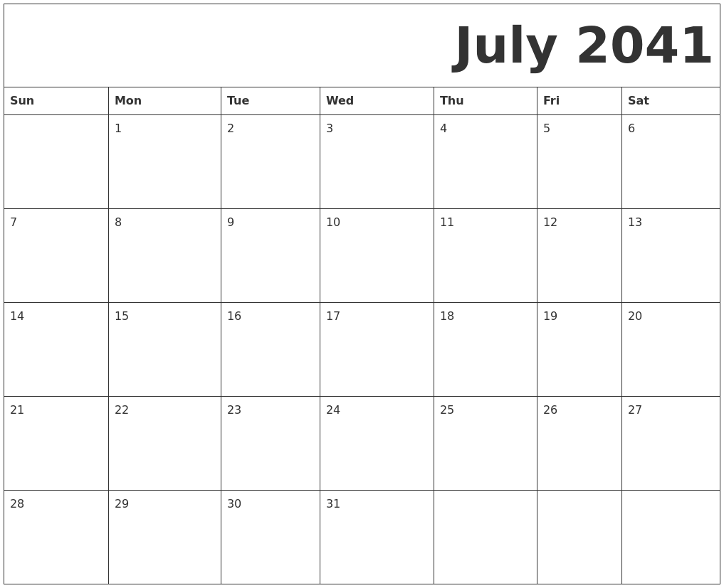 July 2041 Free Printable Calendar
