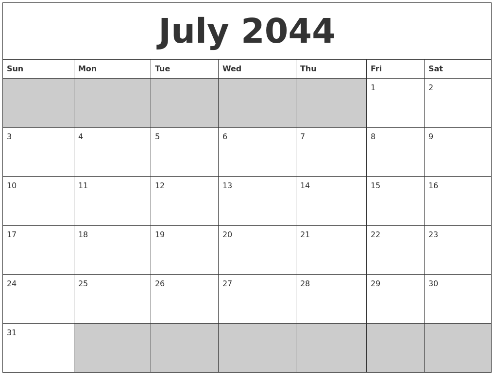 July 2044 Blank Printable Calendar