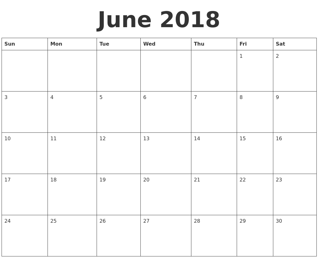 June 2018 blank calendar template