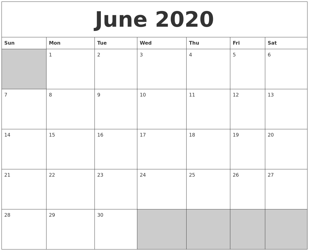 June 2020 blank printable calendar