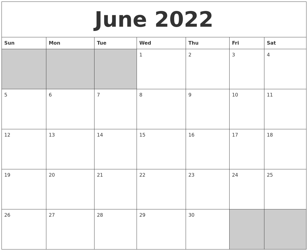 June 2022 blank printable calendar