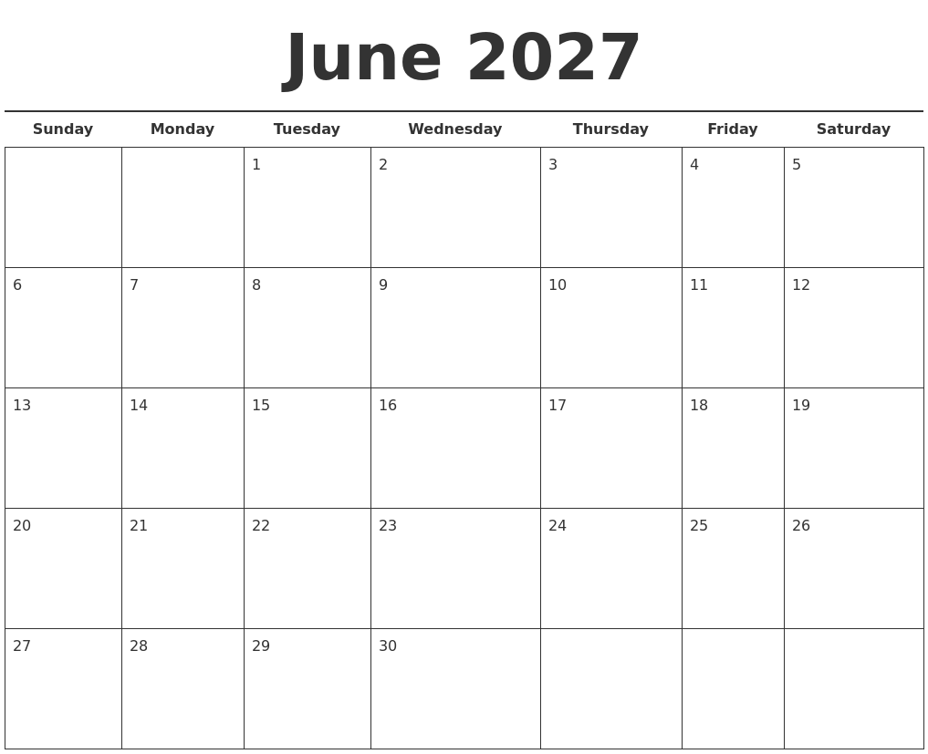 June 2027 Free Calendar Template