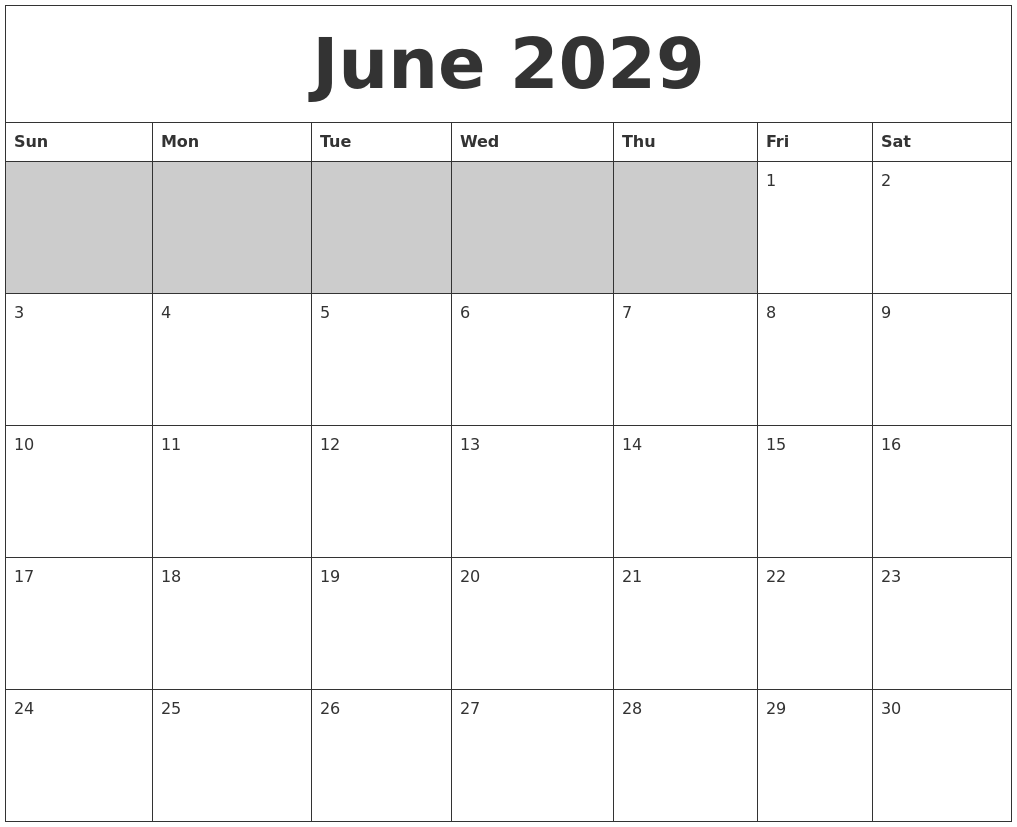 June 2029 Blank Printable Calendar