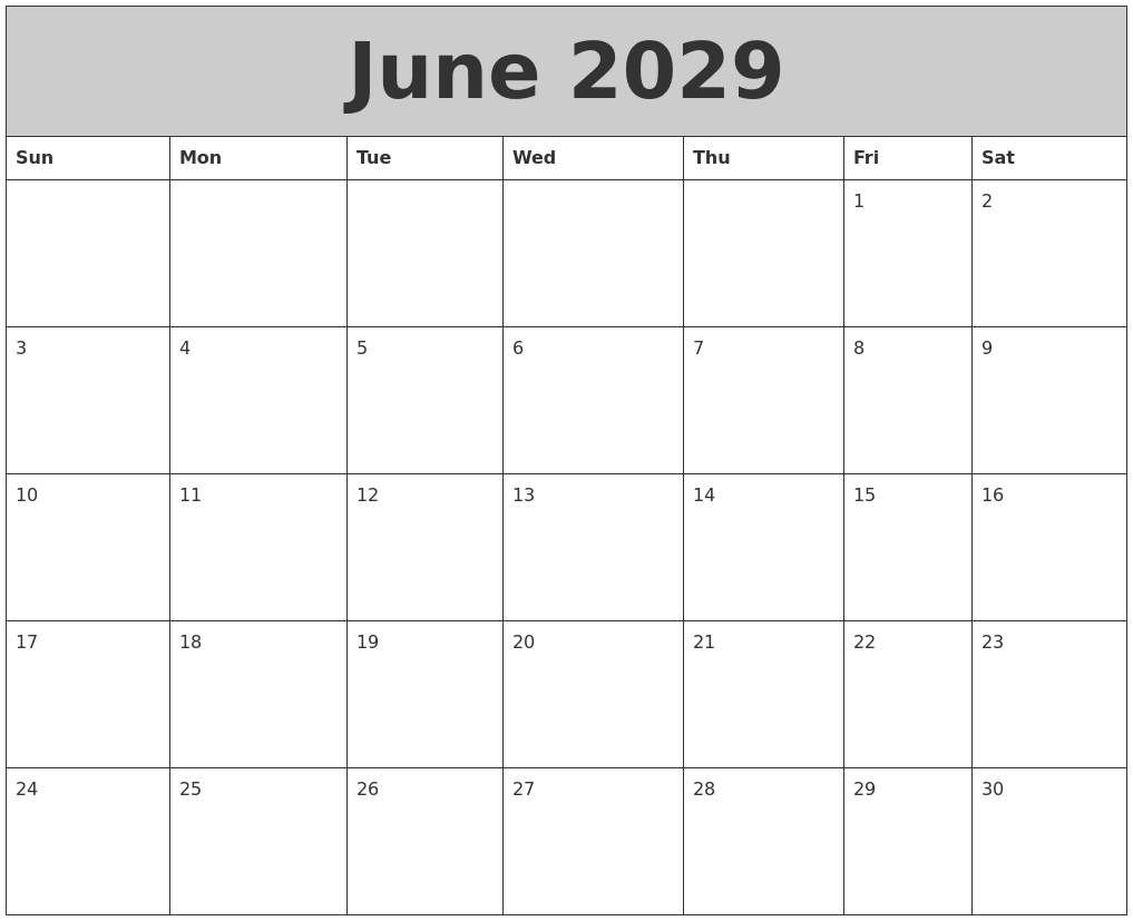 June 2029 My Calendar