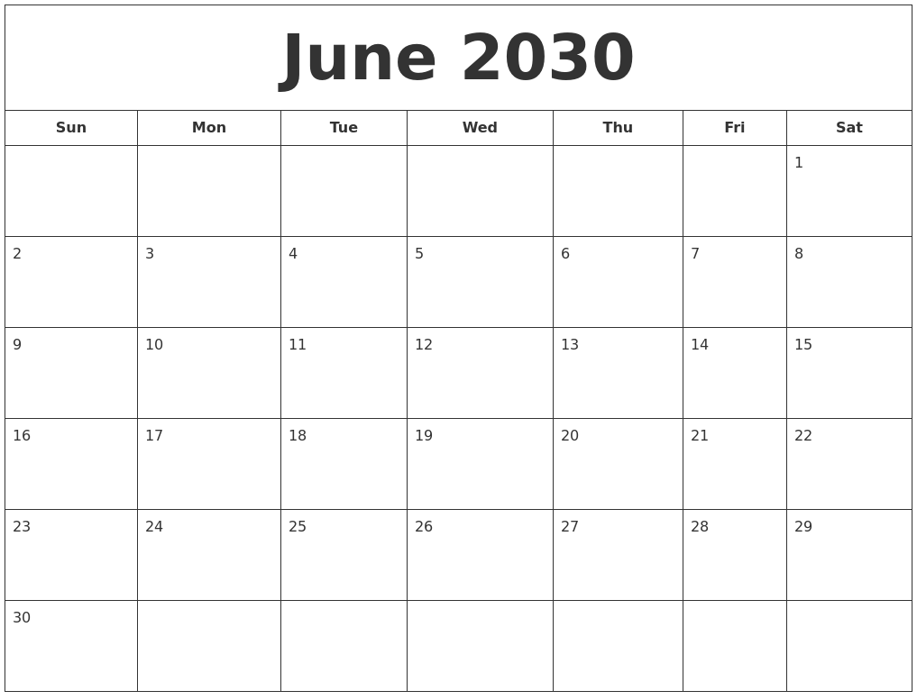 June 2030 Printable Calendar
