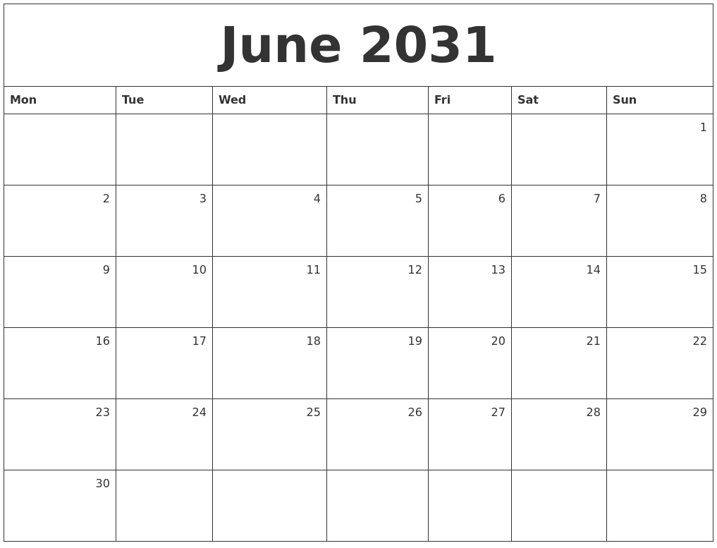 June 2031 Monthly Calendar