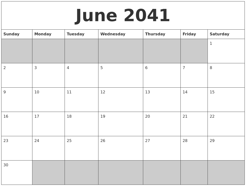 June 2041 Blank Printable Calendar