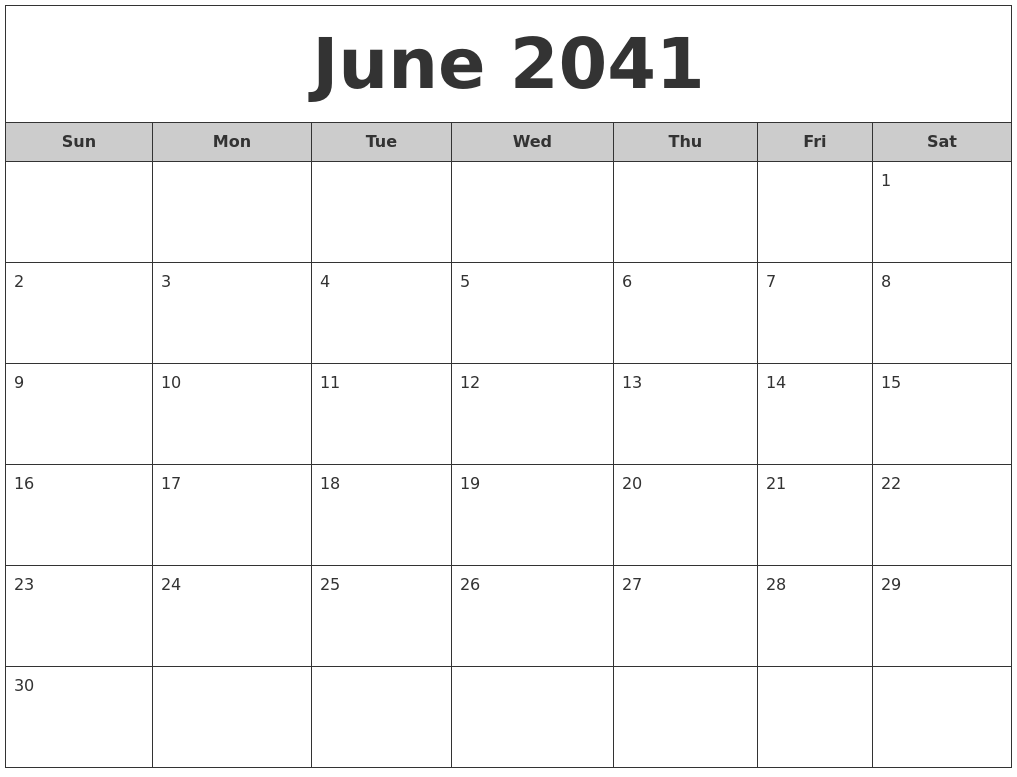 June 2041 Free Monthly Calendar