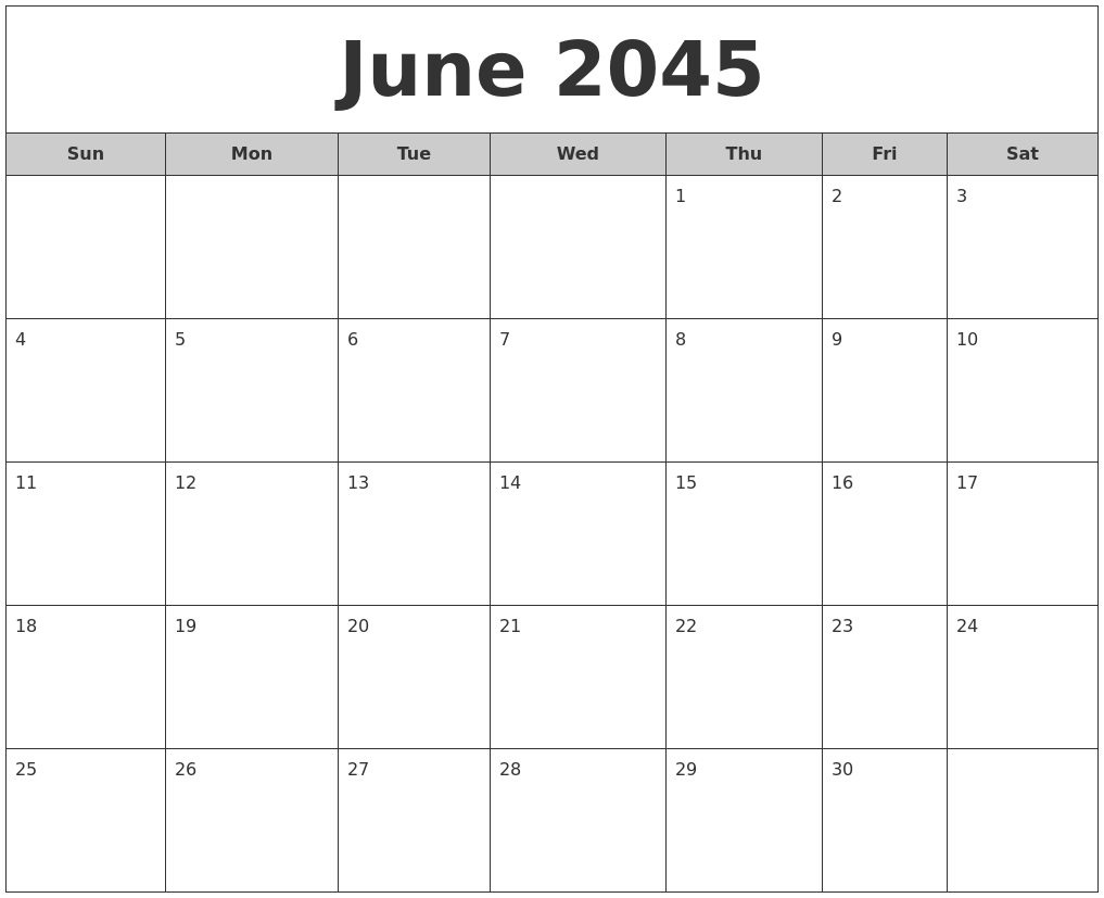 June 2045 Free Monthly Calendar