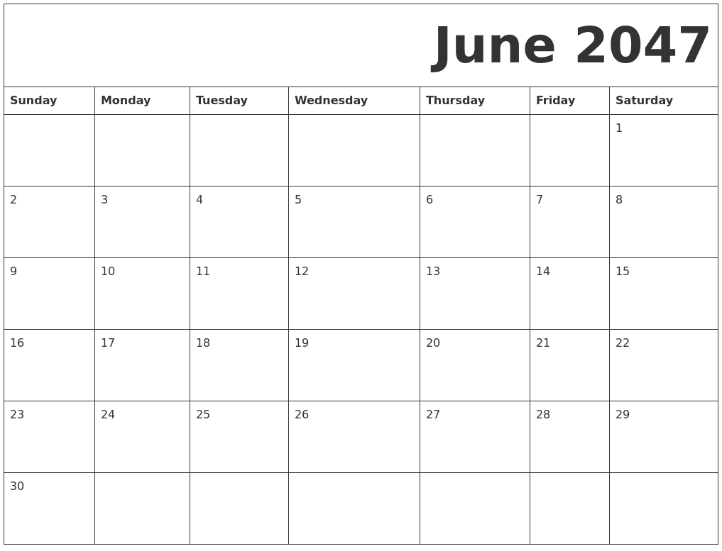 June 2047 Free Printable Calendar