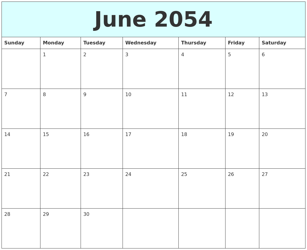 June 2054 Free Calendar