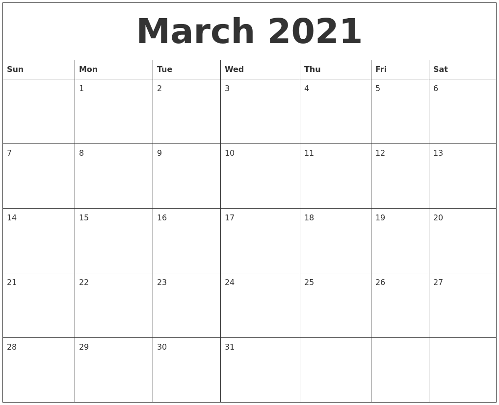 Calendar Template March 2021