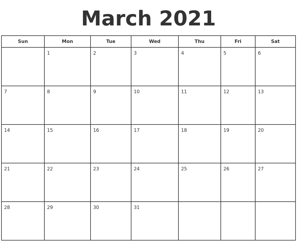 March 2021 print a calendar