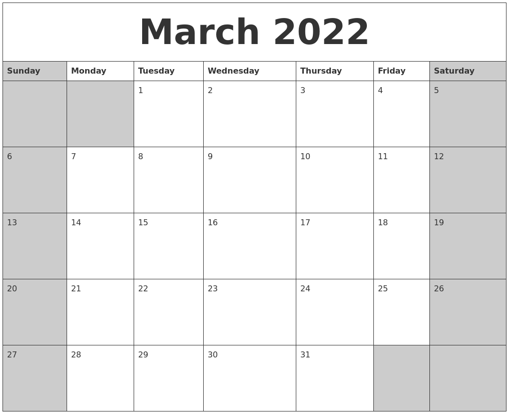 March 2022 calanders