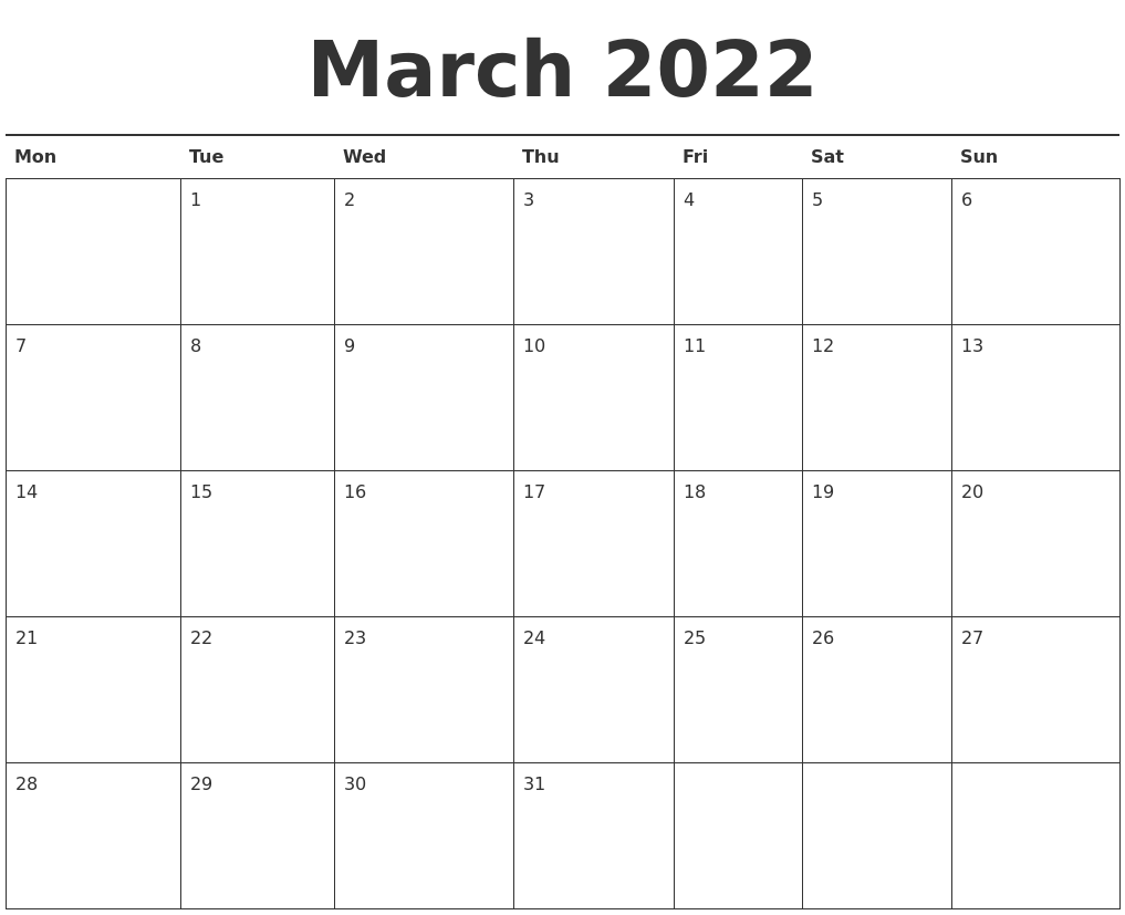 March 2022 Calendar Printable March 2022 calendar printable
