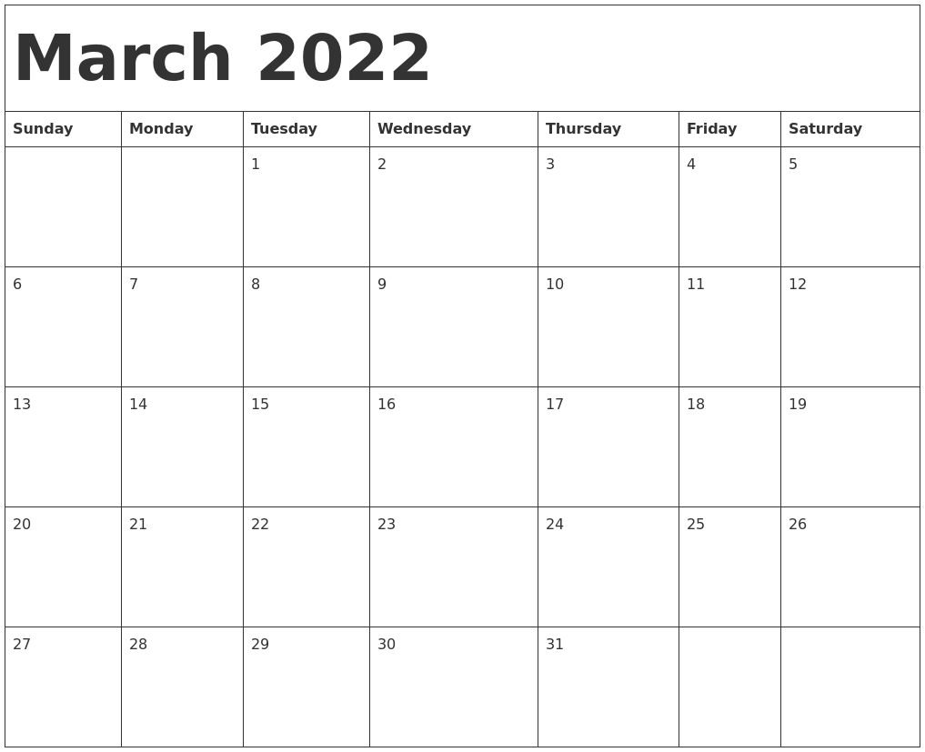 March 2022 Calendar Template