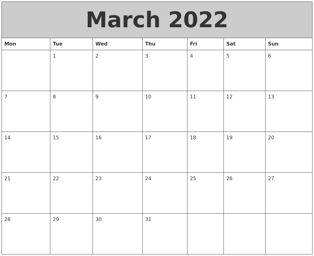 March 2022 My Calendar