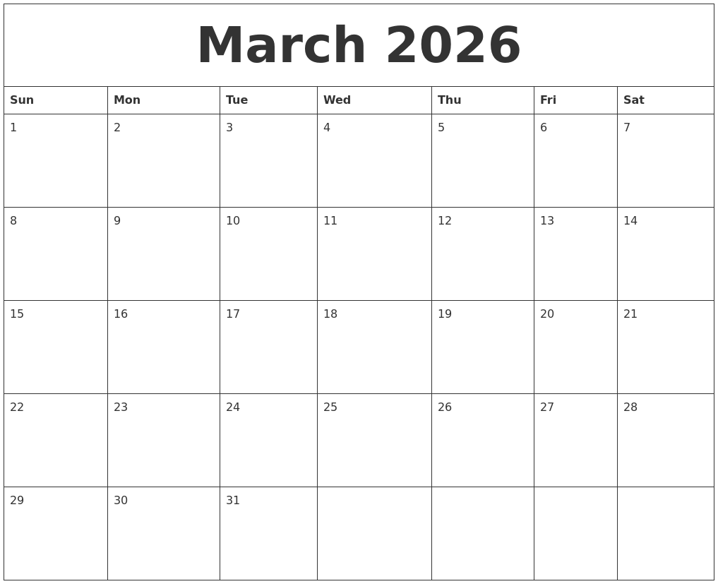 March 2026 Monthly Printable Calendar
